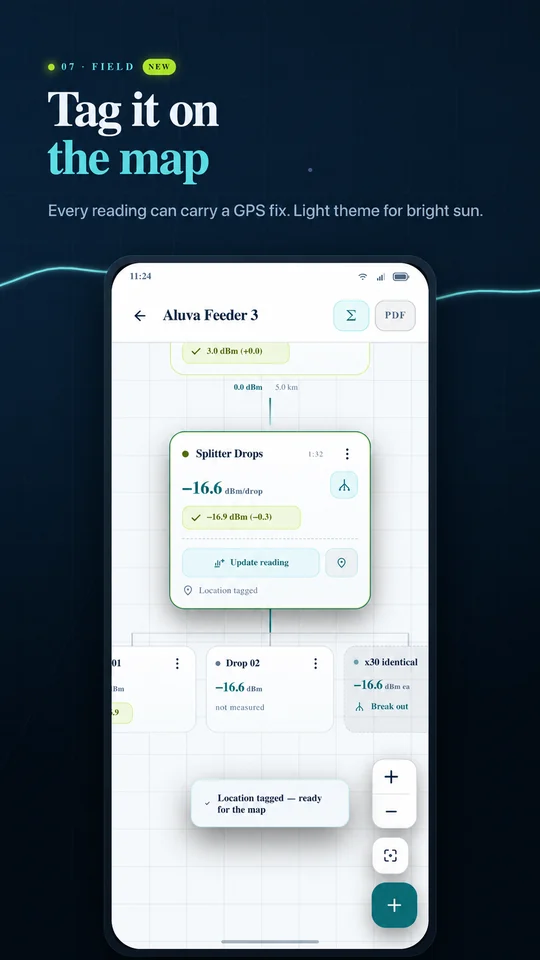 FiberLink light theme showing a location-tagged node with precise location details removed