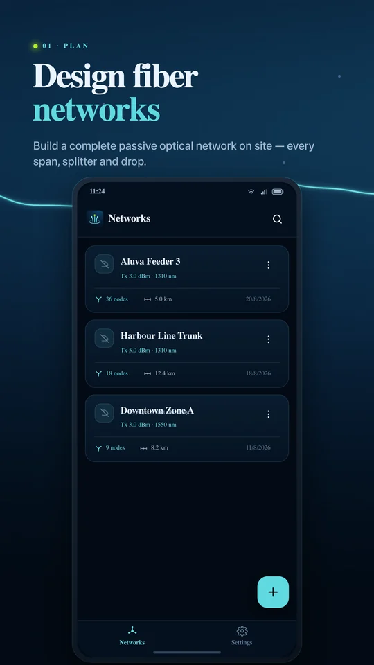 FiberLink saved network list with named projects and network summaries