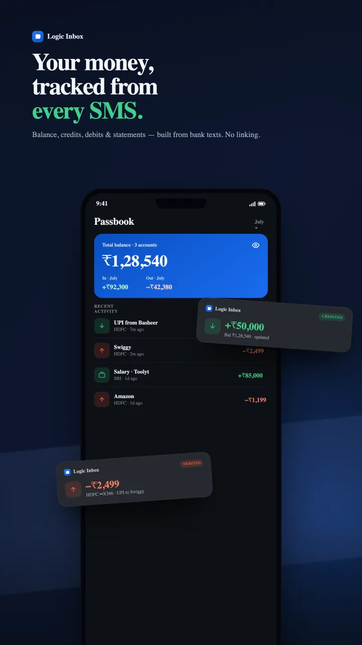 Logic Inbox — finance passbook built from bank SMS