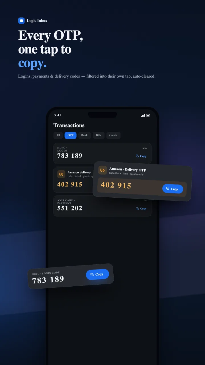Logic Inbox — OTP shown large in the notification with one-tap copy