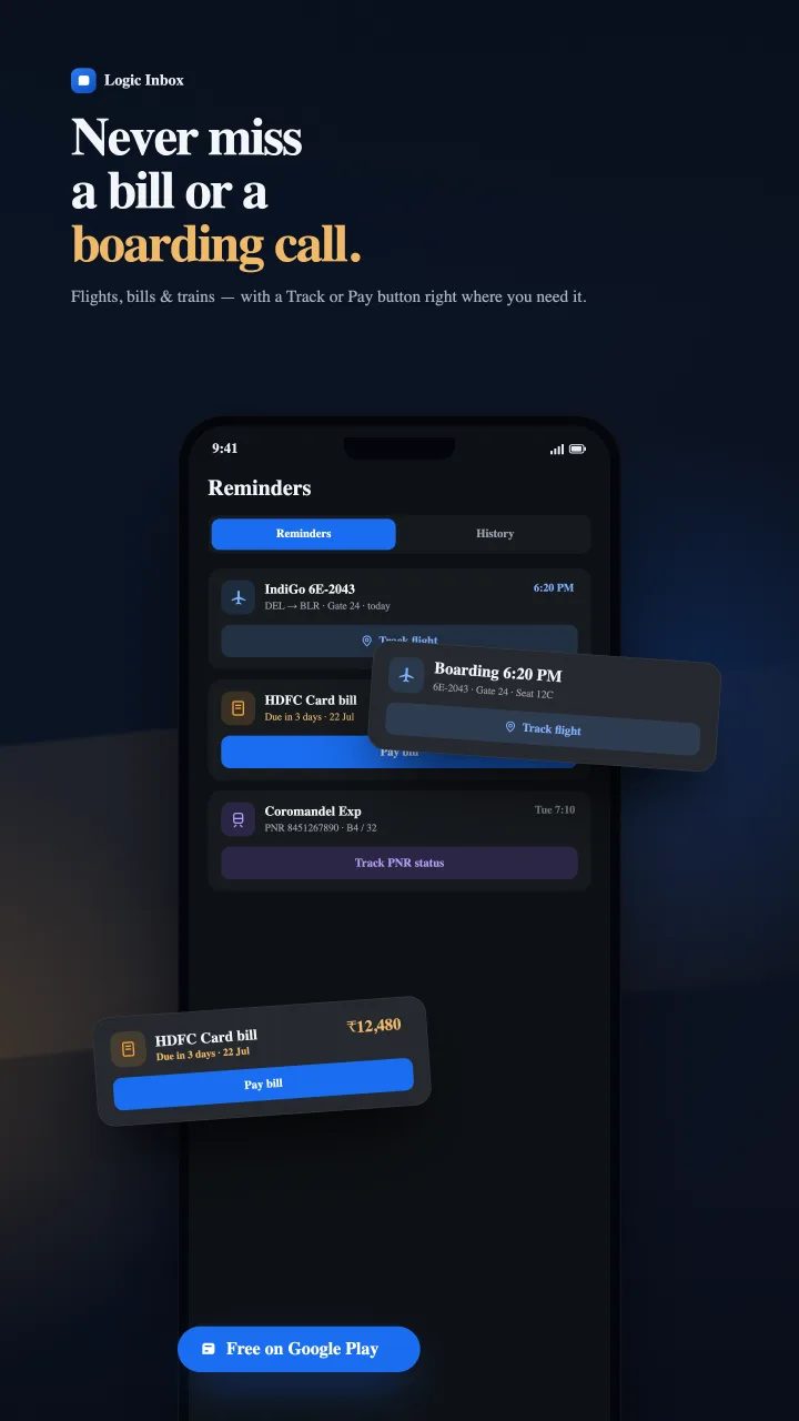 Logic Inbox — smart reminders created from bill and travel messages