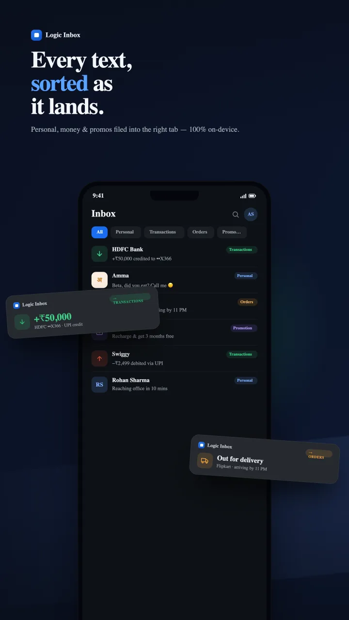 Logic Inbox — messages sorted into Personal, Transactions, Orders and Promotions