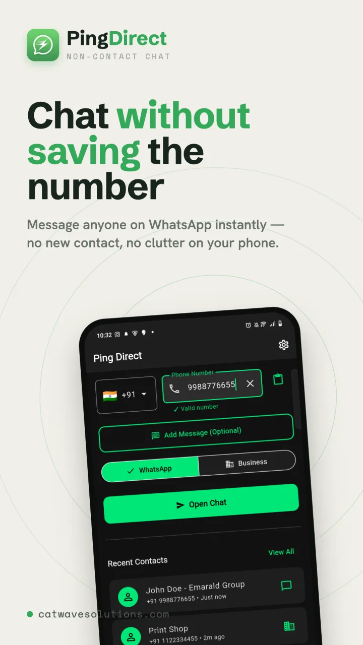 Ping Direct — type a number and open the WhatsApp chat without saving it