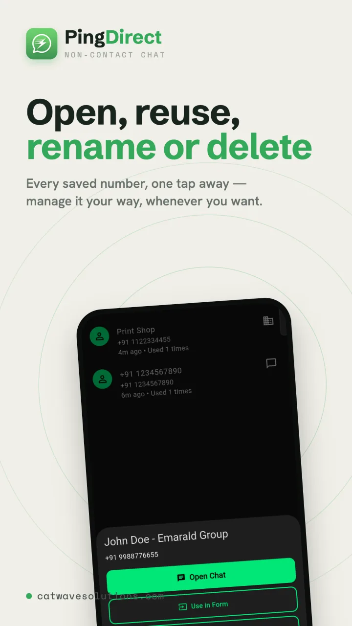 Ping Direct — manage saved numbers, export or clear history
