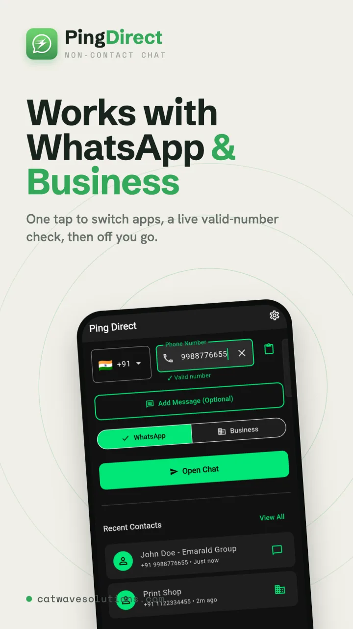 Ping Direct — country selector with flags and search across 200+ countries