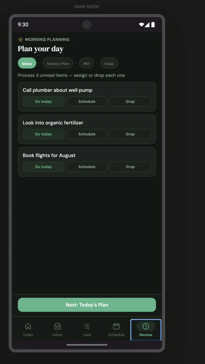 Plan Forward — morning planning, triaging the inbox item by item